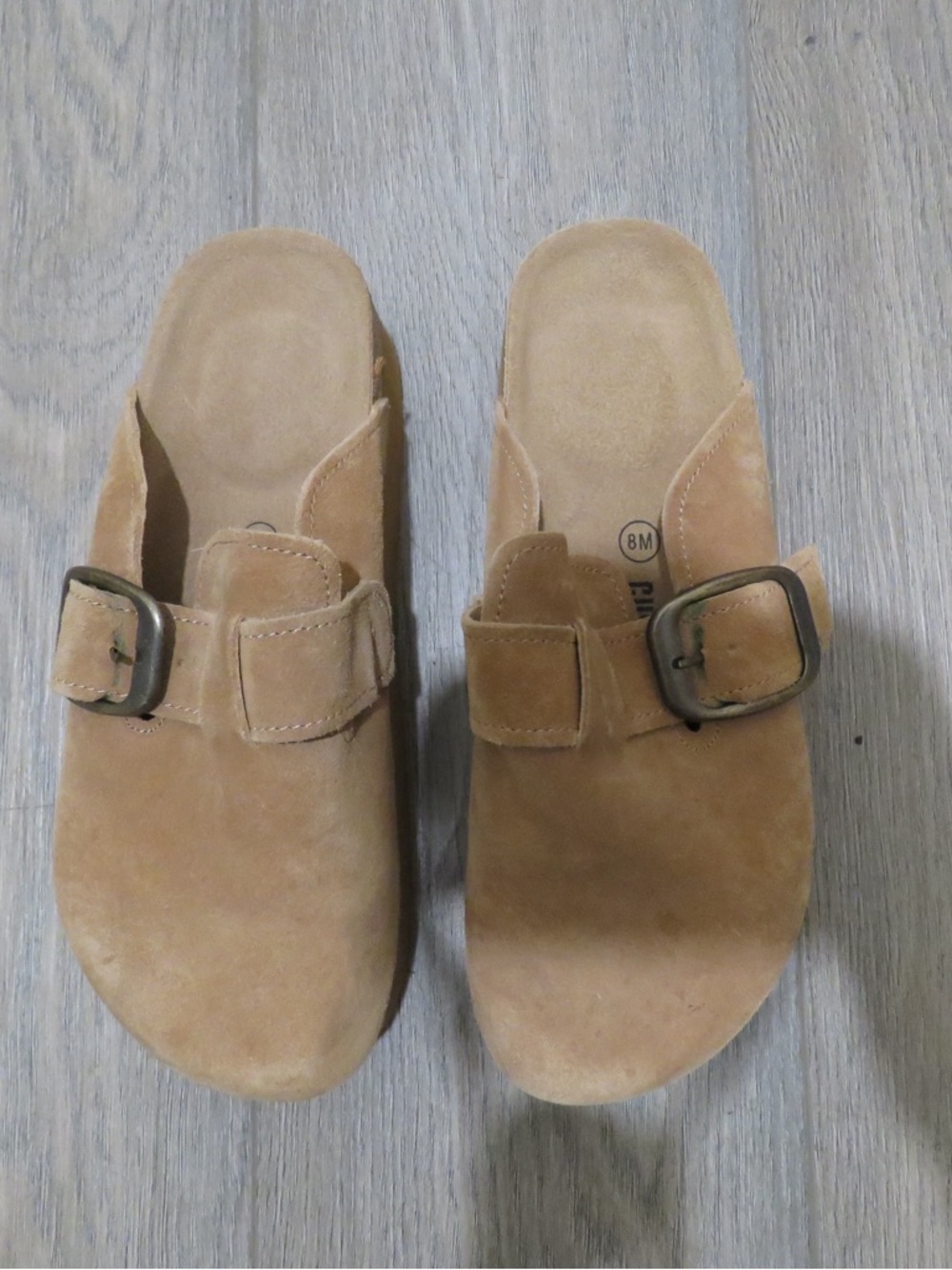 Women’s Tan Suede Slide Sandals with Buckle